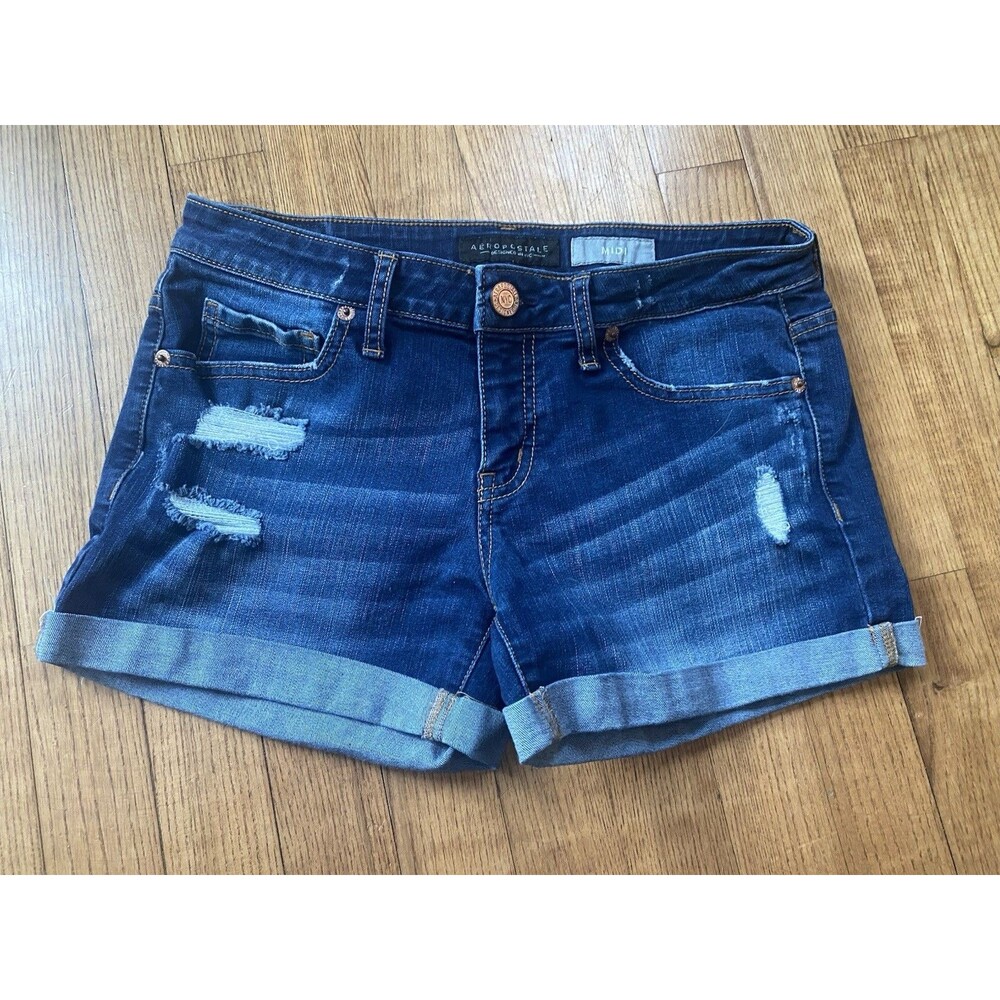 Aeropostale Midi Jean Shorts Women's 4 Blue Distressed Cuffed Y2K Mom Summer